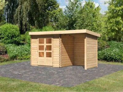 Gartenhaus Blockbohlenhaus SET Bastrup 3 28 mm naturbelassen, inkl. 2 m Anbaudach + Seiten-/Rückwand Produktbild #1