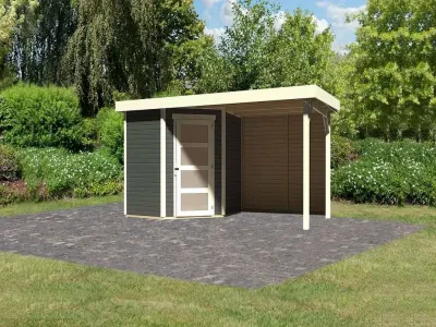 Gartenhaus SET Schwandorf 3 19 mm terragrau, inkl. 2,4 m Anbaudach + Rückwand Produktbild #1