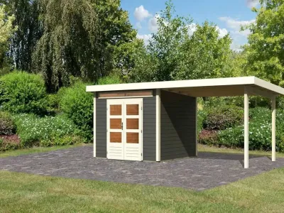 Gartenhaus SET Kandern 6 28 mm terragrau, inkl. 3,2 m Anbaudach Produktbild #1