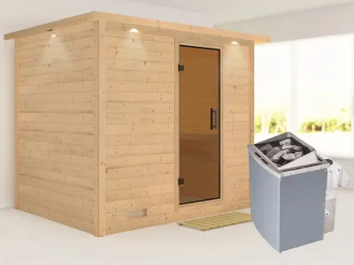Massivholzsauna Sonara mit Dachkranz, graphit Ganzglastür, inkl. 9 kW Saunaofen integr. Steuerung Produktbild #1