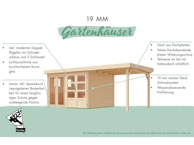 Gartenhaus Lahar 5 19 mm naturbelassen mit Anbaudach Produktbild #3