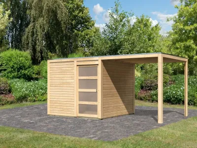 Gartenhaus SET Qubic 2 CLASSIC 19 mm naturbelassen, inkl. Anbaudach Produktbild #1