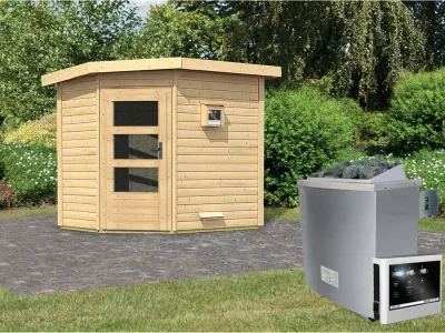 Saunahaus Mikka mit Klarglastür, inkl. 9 kW Saunaofen mit externer Steuerung Produktbild #1