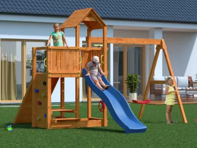 Spielturm Floppi teakfarben inkl. Doppelschaukel + Rutsche Produktbild #1
