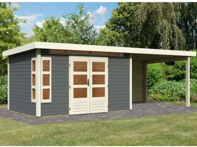 Gartenhaus SET Kastorf 7 28 mm terragrau inkl. 3,2 m Anbaudach + Rückwand Produktbild #1