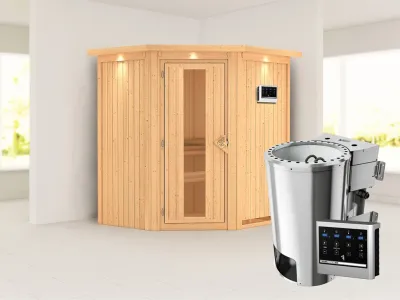 Sauna Systemsauna Tonja mit Dachkranz, Energiespartür + Plug & Play Bio-Ofen mit externer Strg Produktbild #1