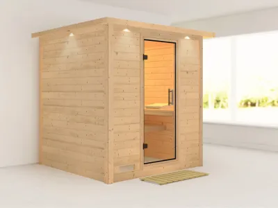 Sauna Massivholzsauna Mojave mit Dachkranz, Klarglas Ganzglastür Produktbild #1