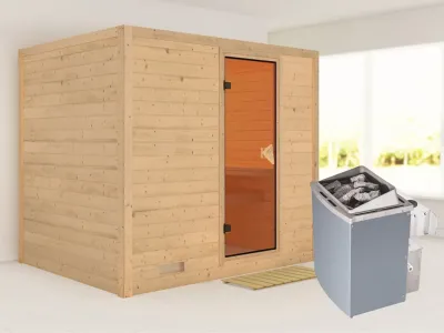 Massivholzsauna Sonara bronzierte Ganzglastür, inkl. 9 kW Ofen integr. Steuerung Produktbild #1