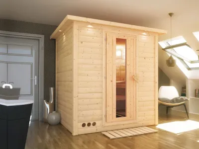 Massivholzsauna Mojave mit Dachkranz, Holztür mit Isolierglas Produktbild #1
