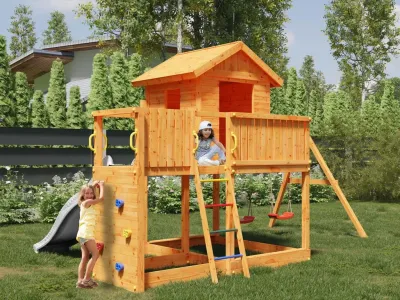Spielturm Galaxy L inkl. Doppelschaukel teakfarben + Rutsche weiß Produktbild #1