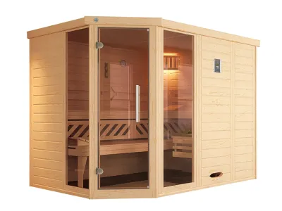 Sauna Massivholz-Elementsauna Kemi Eck 2 inkl. Fenster, Edelstahlset + Komfortpaket Produktbild #2