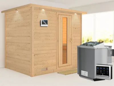 Massivholzsauna Sonara mit Dachkranz, Holztür mit Isolierglas inkl. 9 kW Bio-Ofen ext. Steuerung Produktbild #9