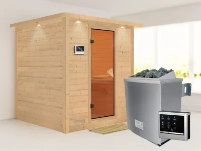 Massivholzsauna Mojave mit Dachkranz, bronzierte Ganzglastür, inkl. 9 kW Ofen ext. Steuerung Produktbild #1