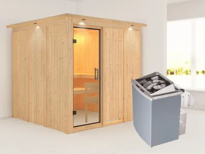 Sauna Systemsauna Rodin mit Dachkranz, Klarglas Ganzglastür + 9 kW Saunaofen mit Steuerung Produktbild #1