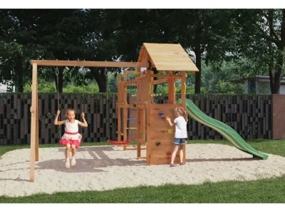 Spielturm Smart 5 Bridge teakfarben inkl. Rutsche grün Produktbild #2