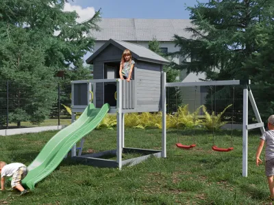 Spielturm Stelzenhaus Galaxy S inkl. Doppelschaukel grau/weiß + Rutsche grün Produktbild #1