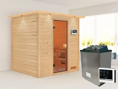 Sauna Adelina mit bronzierter Glastür und Dachkranz + 9 kW Saunaofen integr. Strg. Produktbild #1