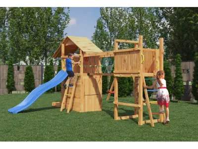 Spielturm Smart 7 Bridge teakfarben inkl. Rutsche blau Produktbild #3