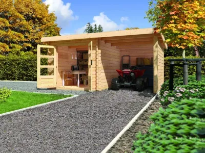 Gartenhaus Blockbohlenhaus SET Bastrup 2 28 mm naturbelassen, inkl. 2 m Anbaudach + Seiten-/Rückwand Produktbild #1