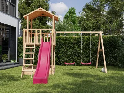 Spielturm Tilly Premium mit Doppelschaukel Lärche inkl. Rutsche pink + Sitze pink Produktbild #1
