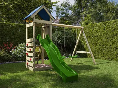 Spielturm Easy KDI inkl. Doppelschaukel inkl. Rutsche grün + Sitze grün Produktbild #1