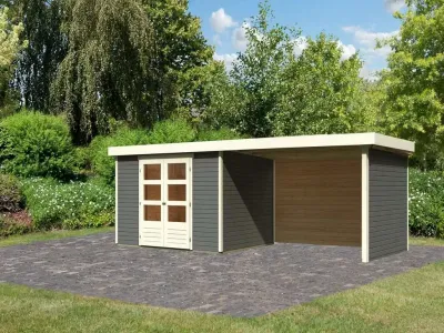 Gartenhaus SET Askola 5 19 mm terragrau, inkl. 2,8 m Anbaudach + Seiten- und Rückwand Produktbild #1