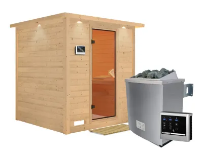 Massivholzsauna Mojave mit Dachkranz, bronzierte Ganzglastür, inkl. 9 kW Ofen ext. Steuerung Produktbild #4