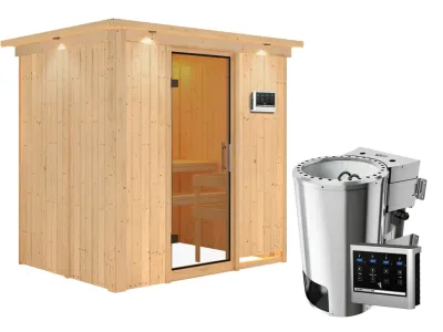 Sauna Systemsauna Fanja mit Dachkranz, Klarglas Ganzglastür + Plug & Play Bio-Ofen mit ext. Strg Produktbild #2