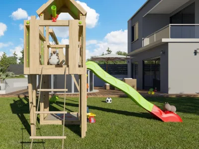 Spielturm Louanne inkl. Doppelschaukel, Kletterwand + Rutsche grün-rot Produktbild #3