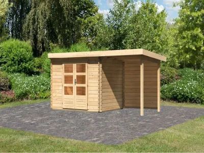 Gartenhaus Blockbohlenhaus SET Bastrup 3 28 mm naturbelassen, inkl. 2 m Anbaudach + Rückwand Produktbild #1