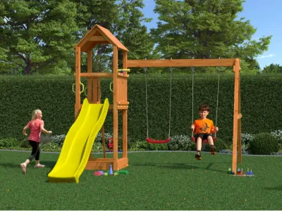Spielturm Flappi teakfarben inkl. Doppelschaukel + Rutsche Produktbild #2