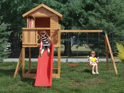 Spielturm Stelzenhaus Galaxy S inkl. Doppelschaukel teakfarben + Rutsche rot Produktbild #1