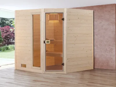 Sauna Massivholzsauna SPARSET 1 Valida Eck 1 GTF inkl. 5,4 kW Ofen integr. Steuerung + Leuchtenset Produktbild #1