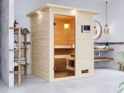 Sauna Massivholzsauna Sandra mit Dachkranz, inkl. 9 kW Ofen mit externer Steuerung Produktbild #1