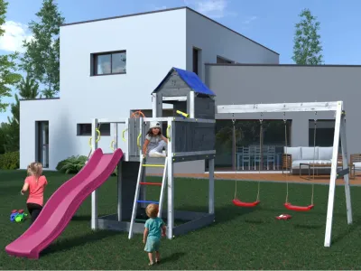 Spielturm Treehouse grau-weiß inkl. Doppelschaukel + Rutsche Produktbild #1