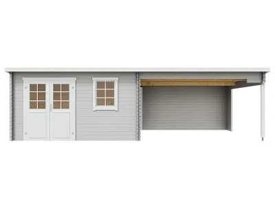 Gartenhaus Blockbohlenhaus Aida 800 28 mm lichtgrau mit 3,8 m Anbau Produktbild #4