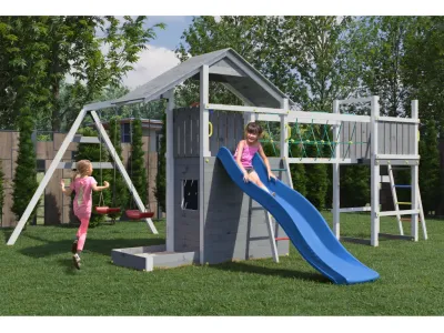 Spielturm Smart 7 Bridge grau-weiß inkl. Rutsche blau Produktbild #1