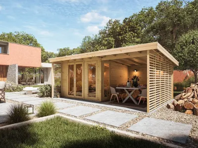 Gartenhaus Homeoffice Arvo 28 mm naturbelassen mit 250 cm Anbau Produktbild #1