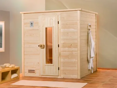 Sauna Massivholzsauna Bergen 1 HT isolierte Holztür mit Glasausschnitt Produktbild #1