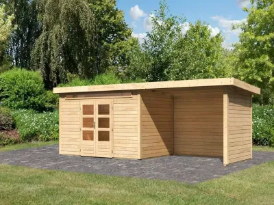 Gartenhaus SET Kandern 7 28 mm naturbelassen, inkl. 3,2 m Anbaudach + Seiten- und Rückwand Produktbild #1