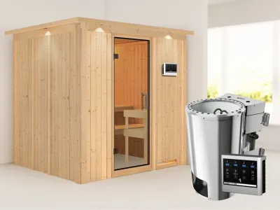 Sauna Systemsauna Daria mit Dachkranz, Klarglas Ganzglastür + Plug & Play Bio-Ofen mit ext. Strg Produktbild #1