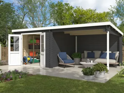 Gartenhaus Blockbohlenhaus Orlando Exklusiv 28 mm carbongrau mit 3 m Anbau Produktbild #1