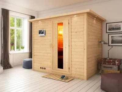 Massivholzsauna Sonara mit Dachkranz, Holztür mit Isolierglas inkl. 9 kW Bio-Ofen ext. Steuerung Produktbild #1