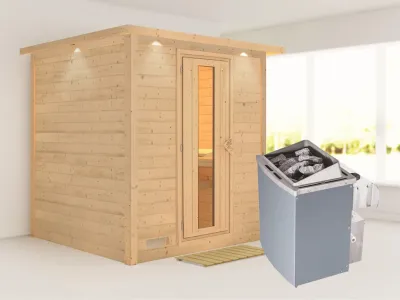 Massivholzsauna Mojave mit Dachkranz, Holztür mit Isolierglas, inkl. 9 kW Ofen integr. Steuerung Produktbild #1
