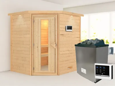 Sauna Massivholzsauna Mia mit Dachkranz, inkl. 9 kW Ofen mit externer Steuerung Produktbild #1
