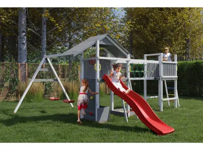 Spielturm Smart 4 Bridge grau/weiß inkl. Rutsche rot Produktbild #1