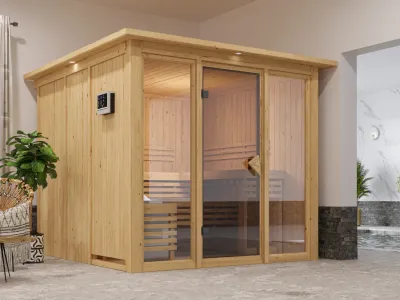 Sauna Systemsauna Sari mit Dachkranz Komplettset mit 9 kW Ofen mit externer Steuerung Produktbild #1