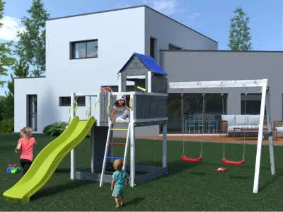 Spielturm Treehouse grau-weiß inkl. Doppelschaukel + Rutsche Produktbild #2