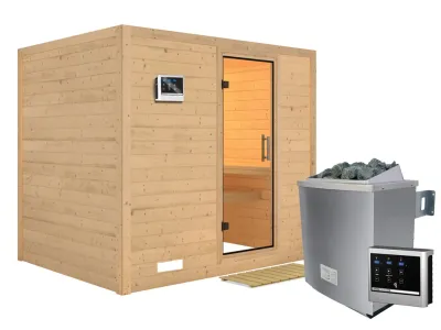 Sauna Massivholzsauna Sonara Klarglas Ganzglastür + 9 kW Saunaofen mit ext.Strg Produktbild #5
