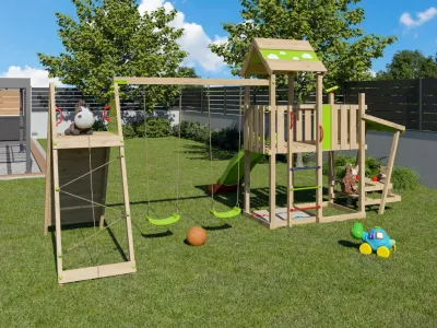 Spielturm Minou XL inkl. Doppelschaukel, Picknick-Tisch + Rutsche grün/rot Produktbild #2